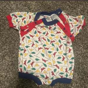 Vintage Miniwear Dinosaur Print Primary Color Snap One-Piece Romper 3-6 Months